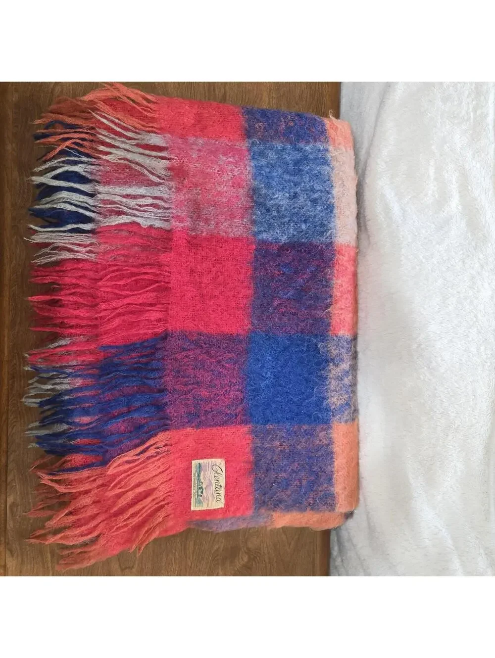 Vtg Glentana Mohair Wool Blanket Plaid Made in Scotland Mid Century Fuchsia